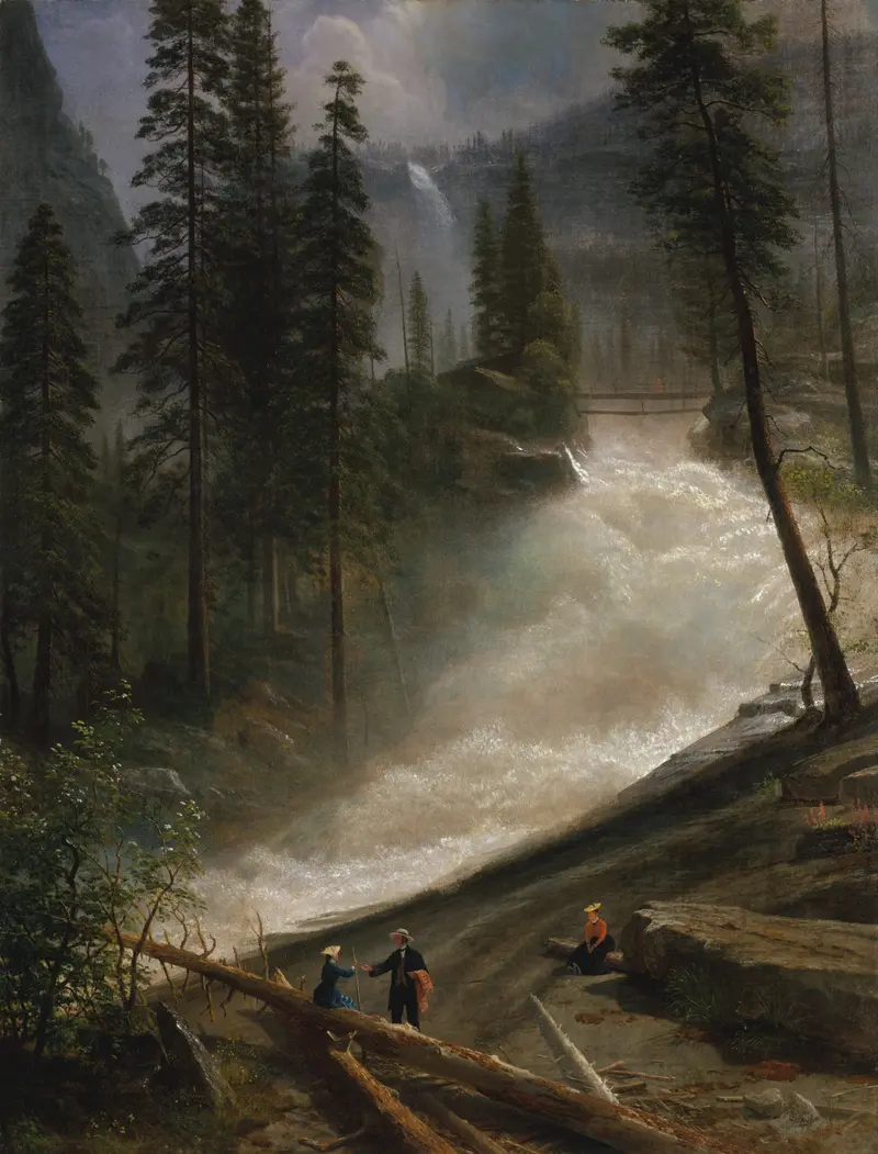 Nevada Falls, oil on canvas by Albert Bierstadt, features a waterfall in a mountainous landscape.