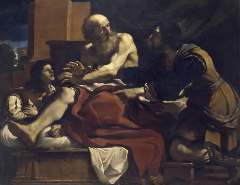 Guercino's 'Jacob Blessing the Sons of Joseph' depicts a biblical scene with rich colors and dramatic lighting.