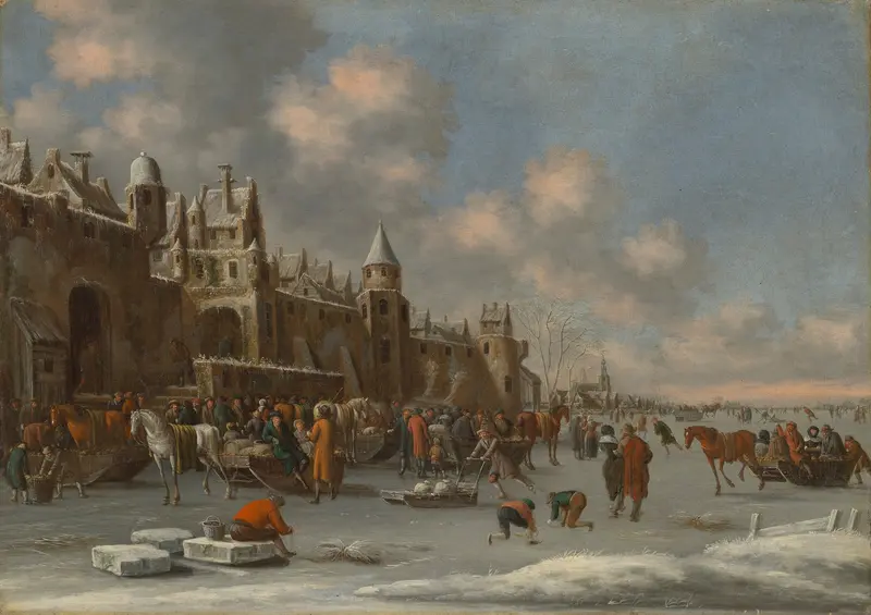 A winter landscape with skaters on a frozen lake near a city wall, oil painting by Thomas Heeremans