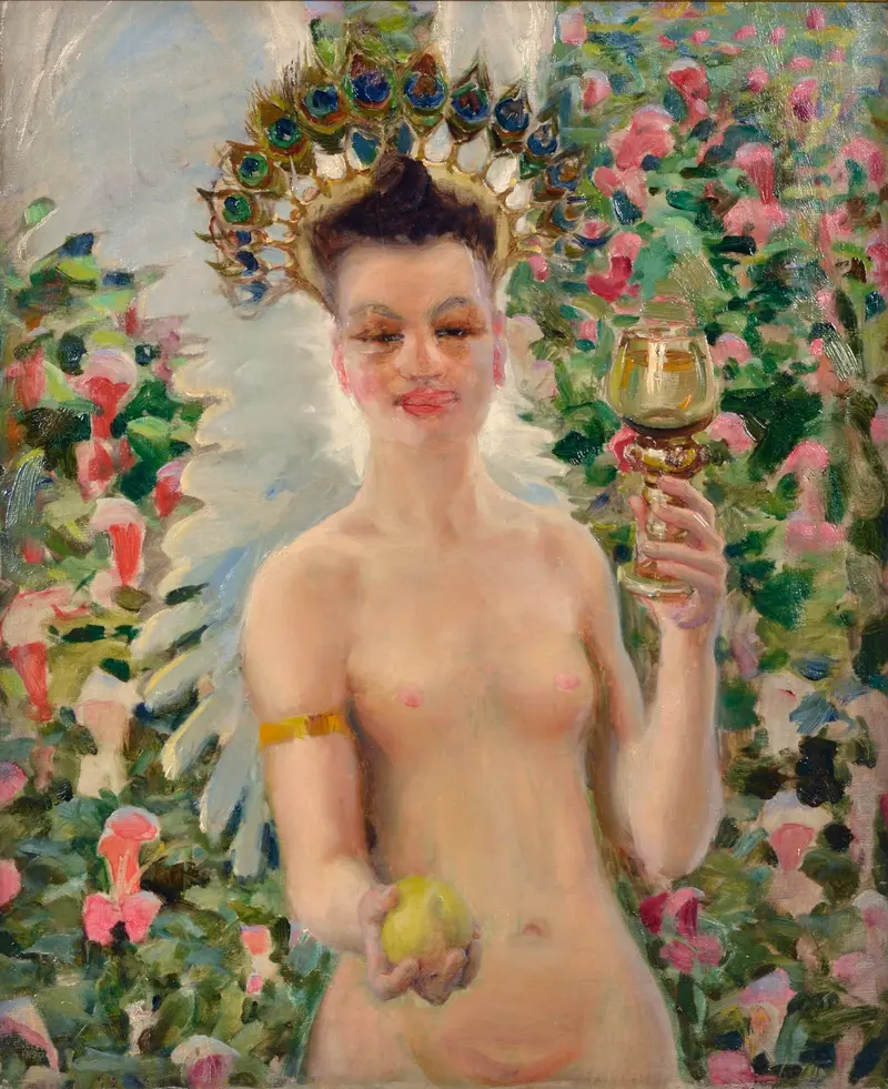 A central figure with a knowing gaze, surrounded by pink blooms and peacock feathers, offering a golden fruit and raising a glass.