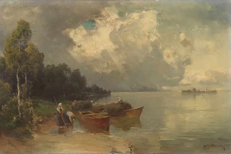 Oil painting by Joseph Wopfner depicting a boat with hay on Chiemsee during a storm.