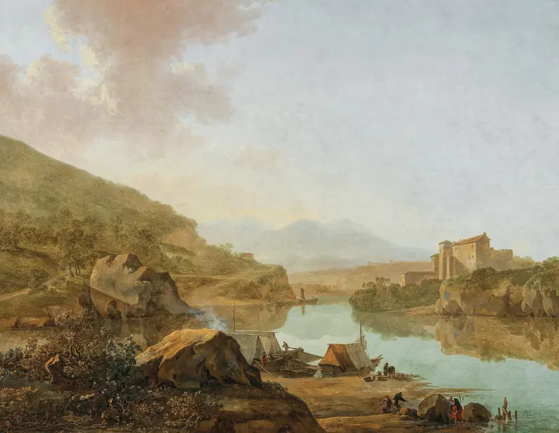 An Extensive Italianate River Landscape by Adam Pynacker, oil painting showing tranquil waters and hills.