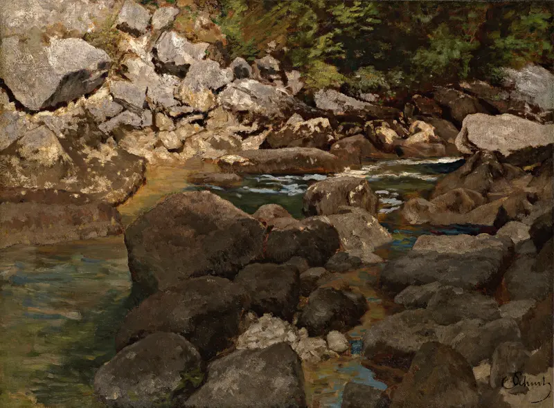 Mountain Stream with Boulders by Carl Schuch, realism, depicting a serene landscape with water and boulders