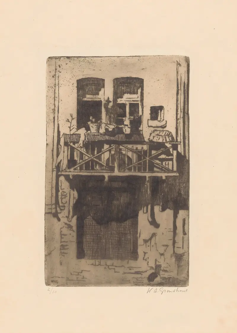 Balkon van een huis aan de Oudezijds Kolk in Amsterdam, oil on canvas by Willem Adrianus Grondhout