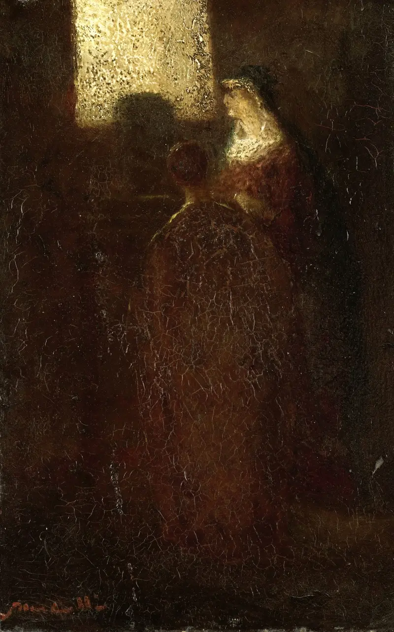 Religious oil painting by Adolphe Joseph Thomas Monticelli featuring an altar and figures in light and shadow.