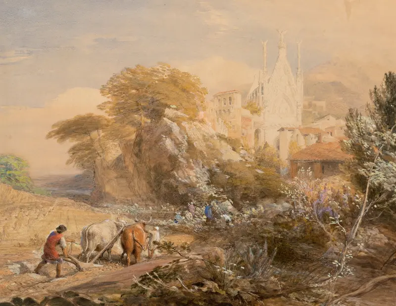 Harvest field and monastery of La Vocatella, oil on canvas by Samuel Palmer