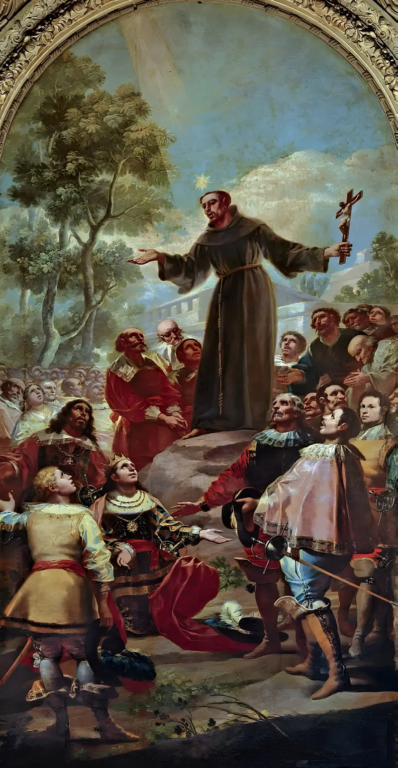 Francisco de Goya's painting depicts San Bernardino of Siena preaching to King Alfonso V of Aragon.