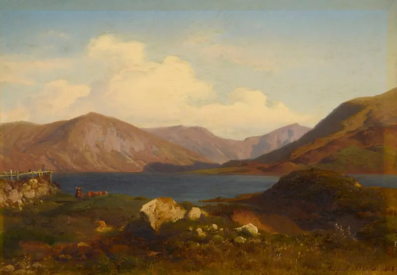 A serene Highland landscape featuring a loch, grazing cattle, and expansive skies with soft clouds.