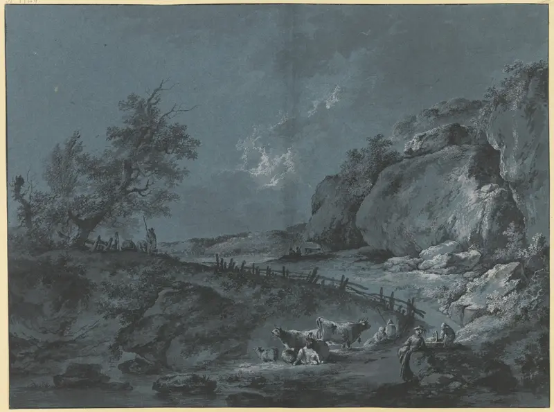 Landscape with shepherds, cattle, and sheep, oil painting by Johann Heinrich Wüest