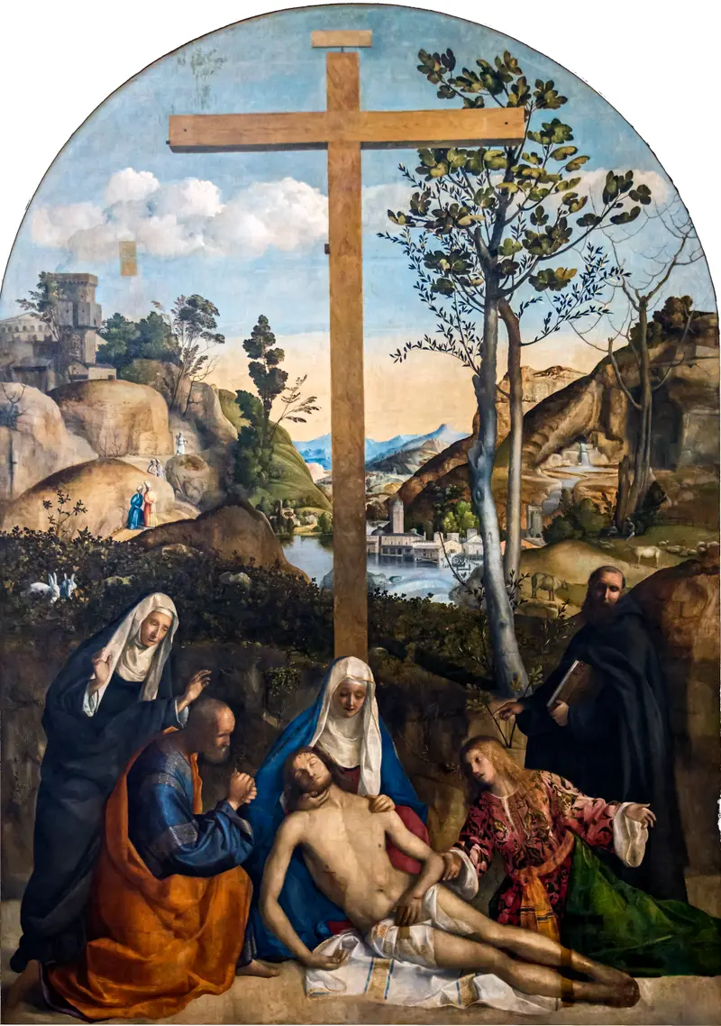 Giovanni Bellini's 'Lamentation over the Dead Christ' depicts a poignant scene of mourning.