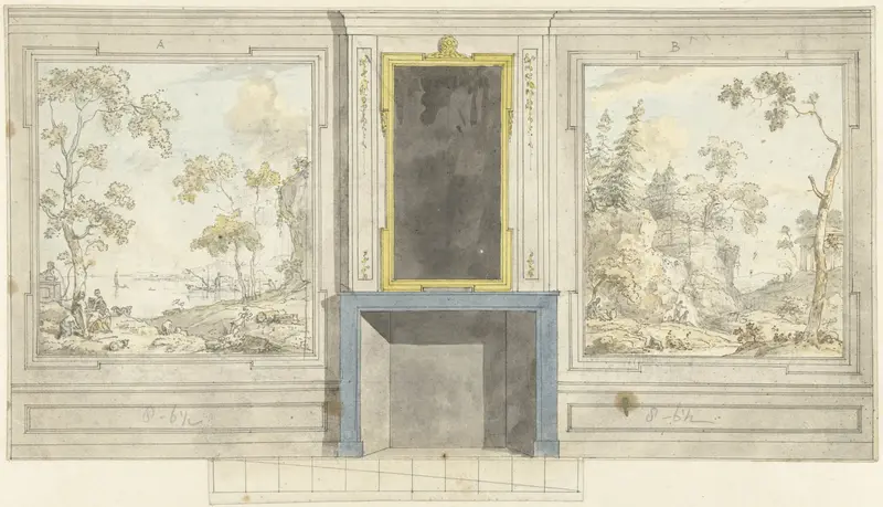 Interior design drawing by Jurriaan Andriessen, ink on paper