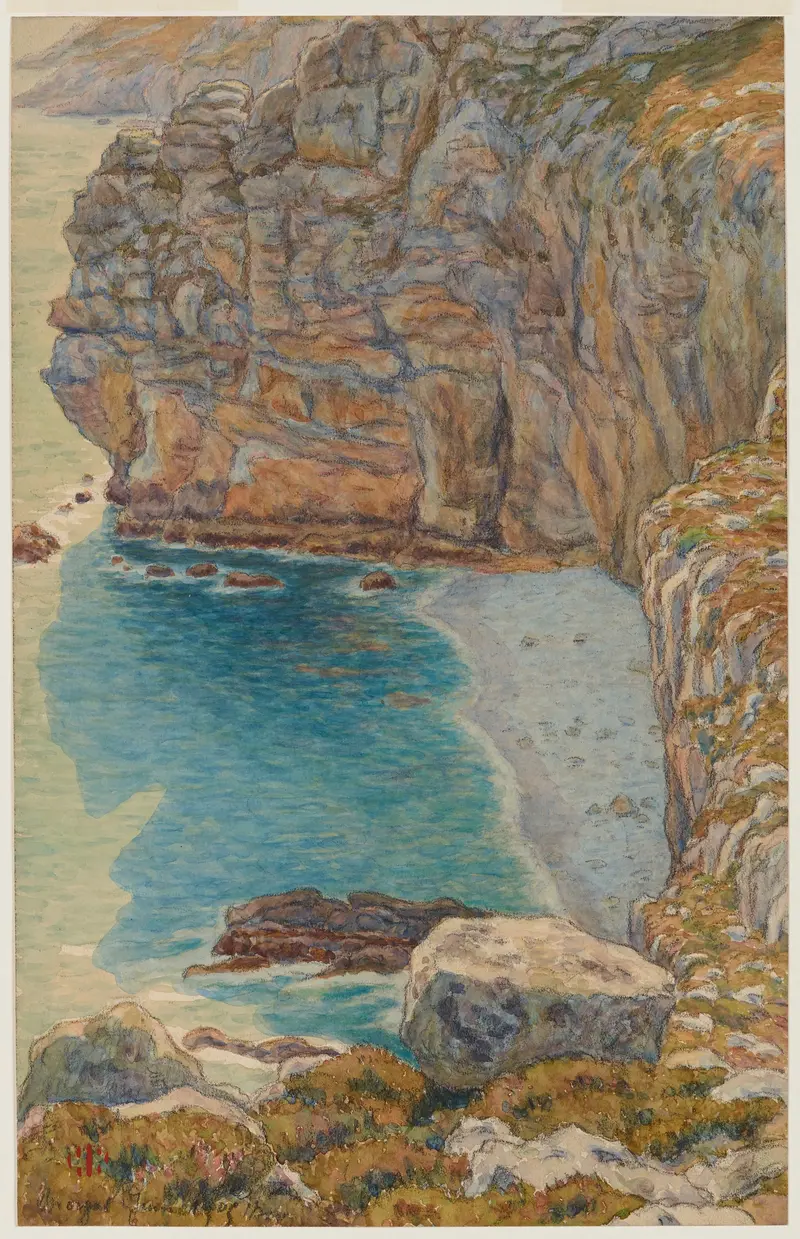 Watercolour by Henri Rivière depicting rugged cliffs and nature