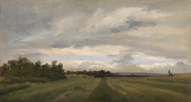 Landschaft by Théodore Rousseau, oil on canvas depicting a tranquil landscape with trees and hills.