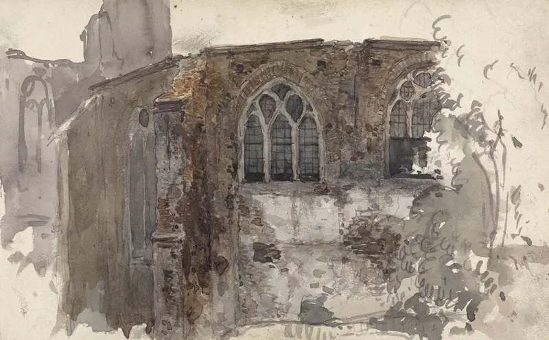 Ruïne van een kerk by Willem Anthonie van Deventer, oil on canvas depicting a decaying church.