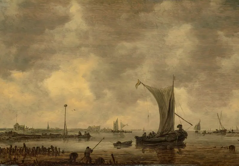 A river estuary with fishermen and ships, oil painting by Jan van Goyen