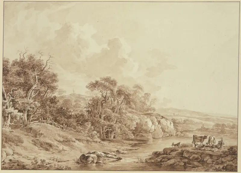 Landscape with brook and cattle by Johann Heinrich Wüest, oil painting