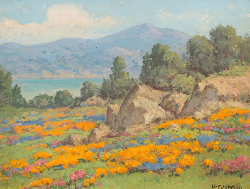 Coastal View with Poppies and Lupine by William Franklin Jackson, oil painting depicting vibrant flowers and ocean.