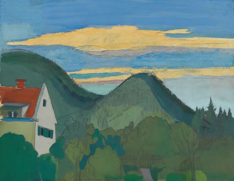Haus in Waldlandschaft by Karl Wiener, oil on canvas depicting a house in a tranquil forest.
