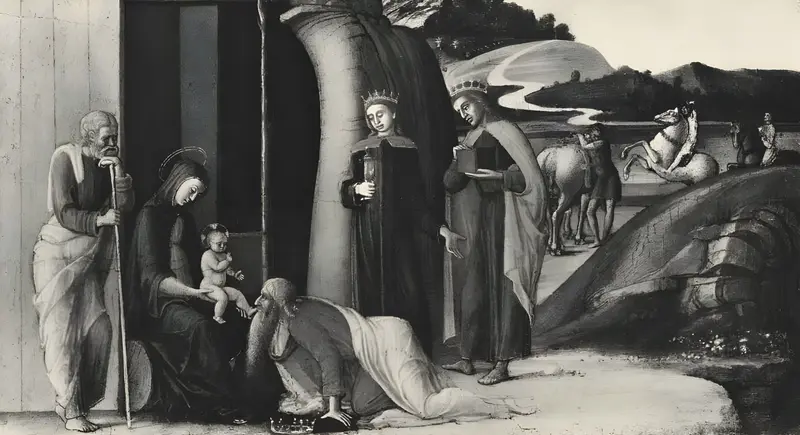 Giovanni Bellini's Adoration of the Magi depicts the Magi kneeling before the infant Jesus.