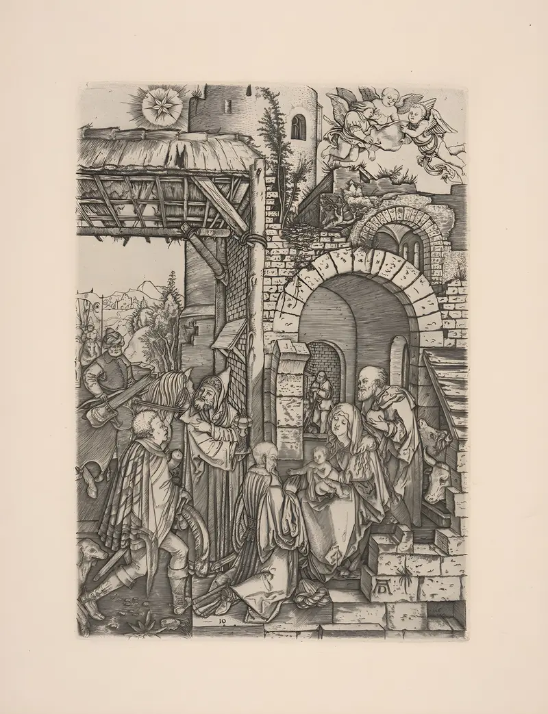 Three richly dressed men kneel and stand before a seated woman holding a child, framed by a ruined stone arch with a rustic shelter and a walled city in the background.