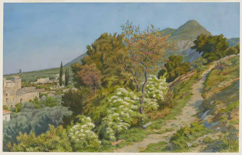 A landscape painting depicting the serene beauty of Nyons.