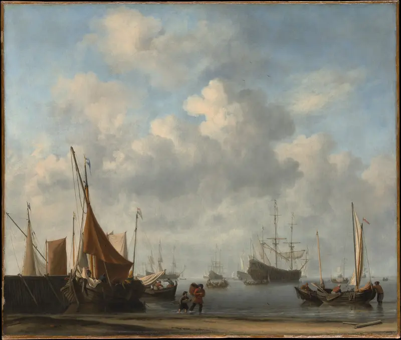 Entrance to a Dutch Port by Willem van de Velde the Younger, oil painting depicting sailing ships and a harbor.