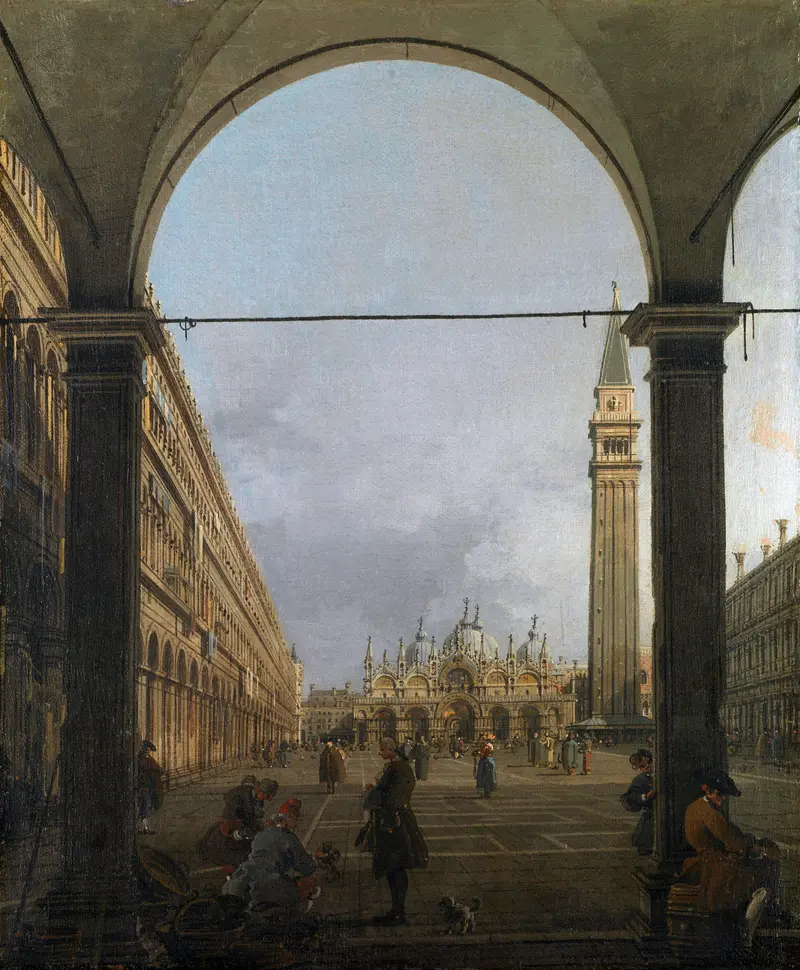A wide stone arch frames Piazza San Marco with St Mark's Campanile to the right, the Procuratie colonnade to the left, and a solitary figure on a bench.