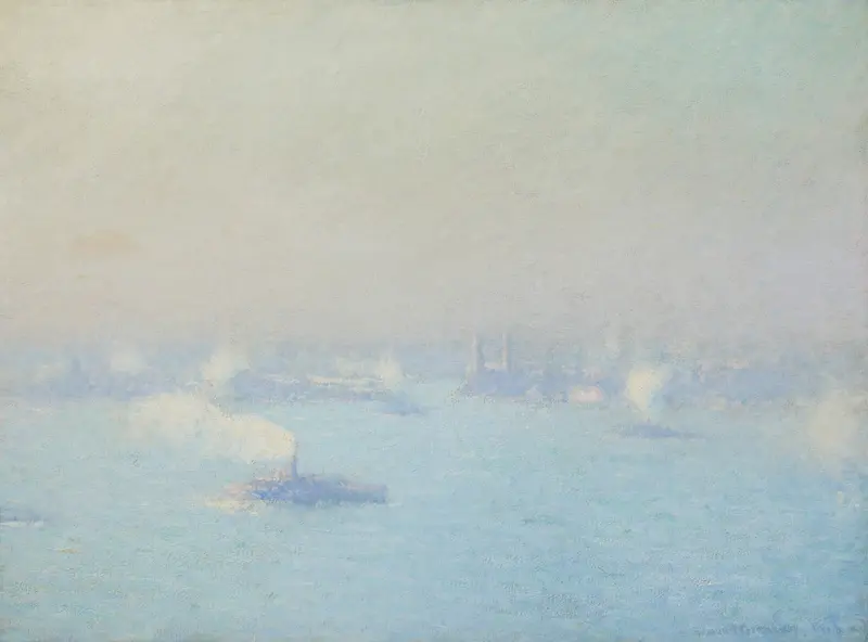 A Foggy Day on the Hudson by Edmund William Greacen, oil painting depicting boats in fog
