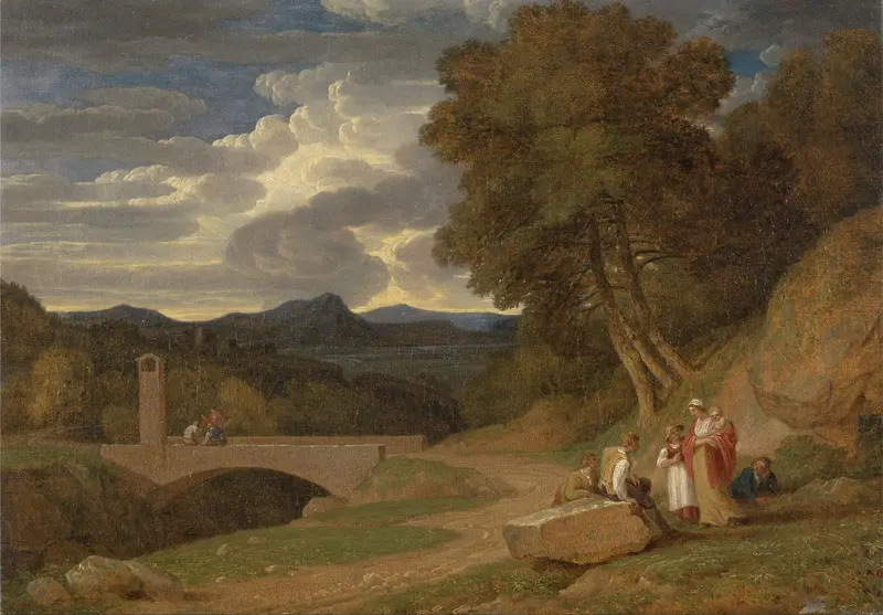 An Italianate Landscape by John White Abbott, oil on canvas depicting gentle hills and a dusky sky.