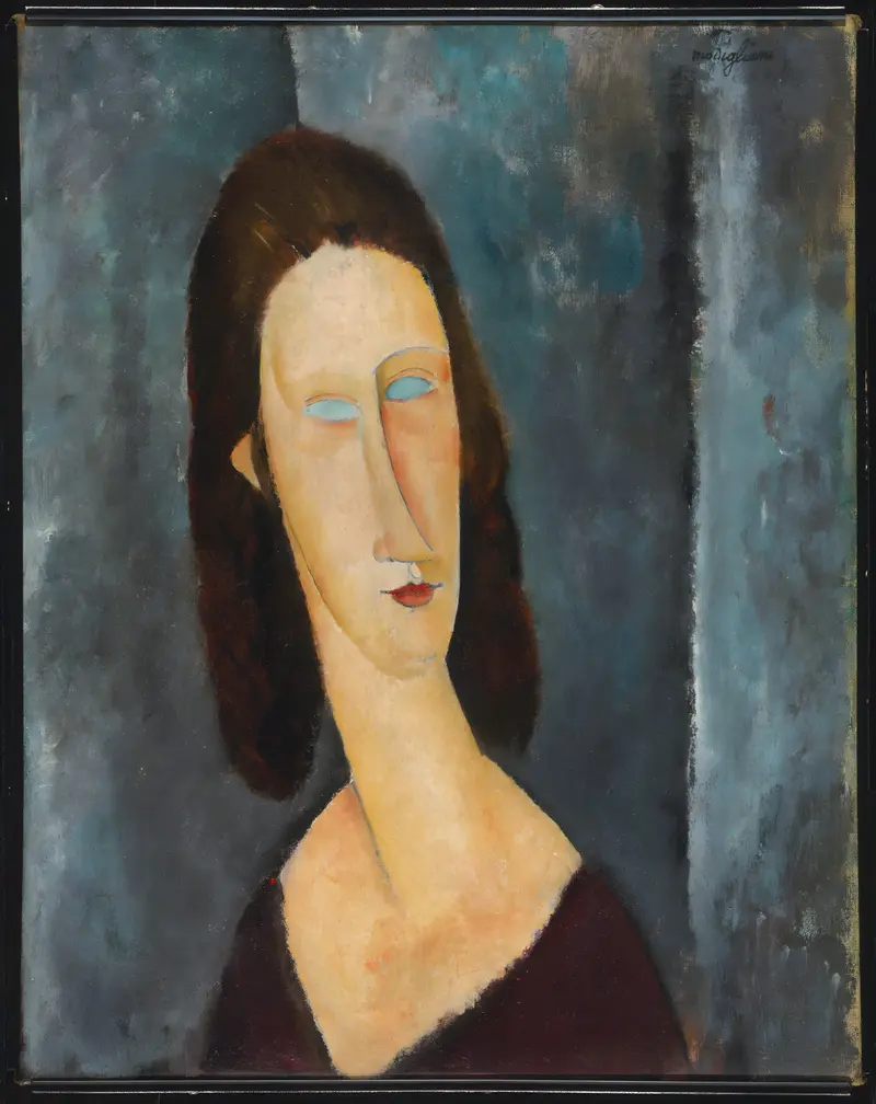 A woman with elongated features and dark brown hair sits against a textured blue and gray background, her head tilted gently to one side.