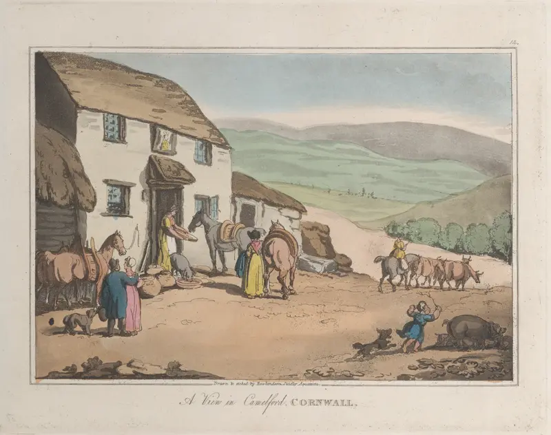 A View of Camelford, Cornwall by Thomas Rowlandson, watercolor on paper depicting hills and a town.