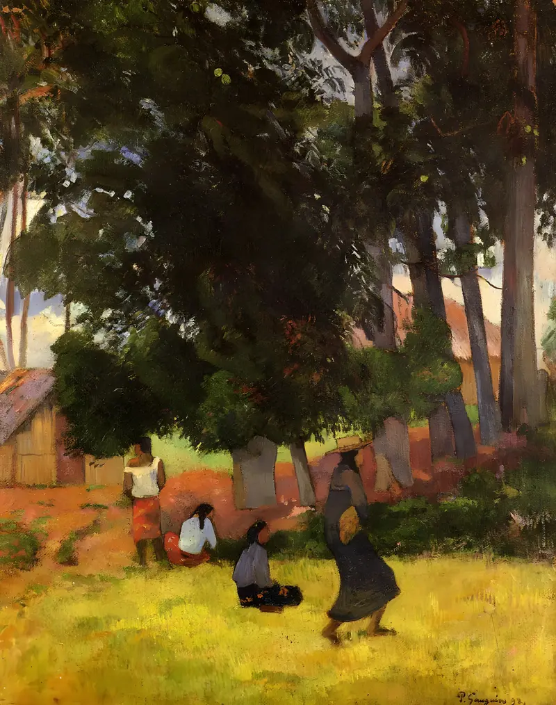 A tranquil landscape featuring four figures in a lush Tahitian setting.