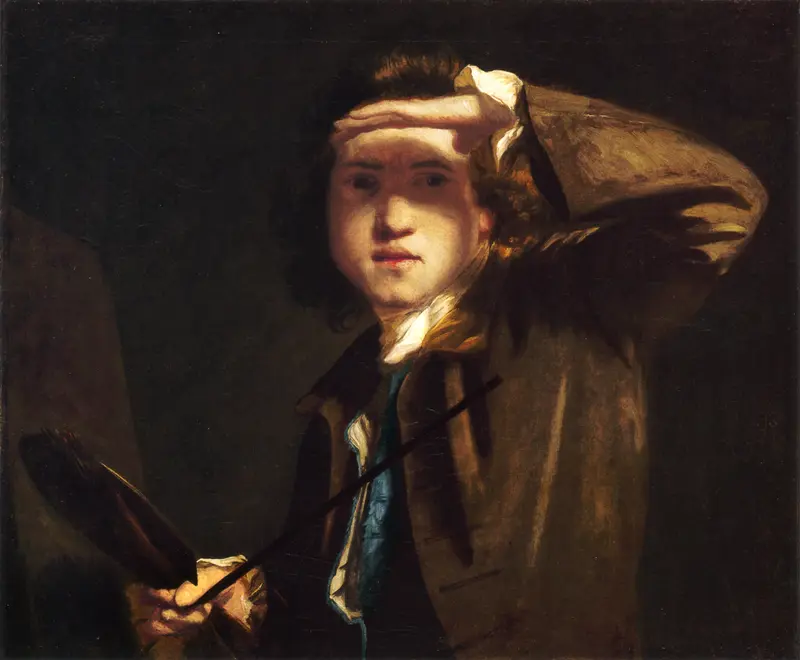 A young artist shielding his eyes, holding a brush and palette, with light illuminating his face against a shadowy background.