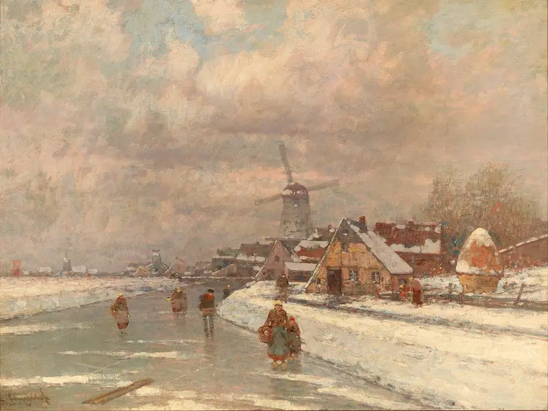 Fun on the Ice by Johann Jungblut, oil on canvas depicting figures skating on a frozen lake.