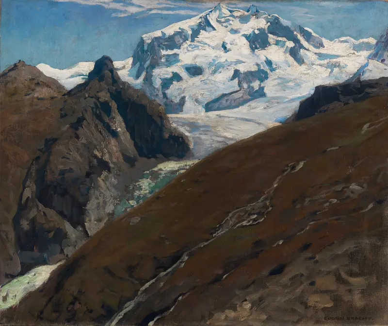 Blick auf den Monte Rosa, Westseite by Eugen Bracht, oil painting depicting mountains under a blue sky.