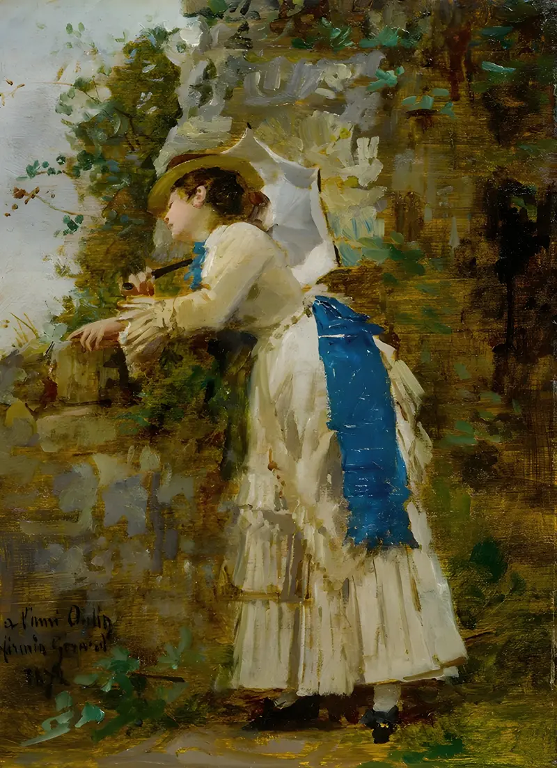 A portrait of a woman holding a parasol in a serene outdoor setting.