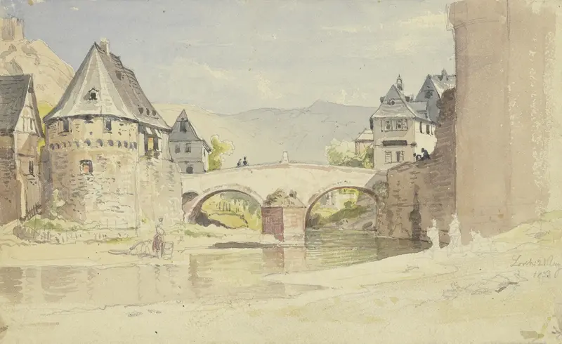 Oil painting by Carl Morgenstern featuring a bridge over the Wisper river.