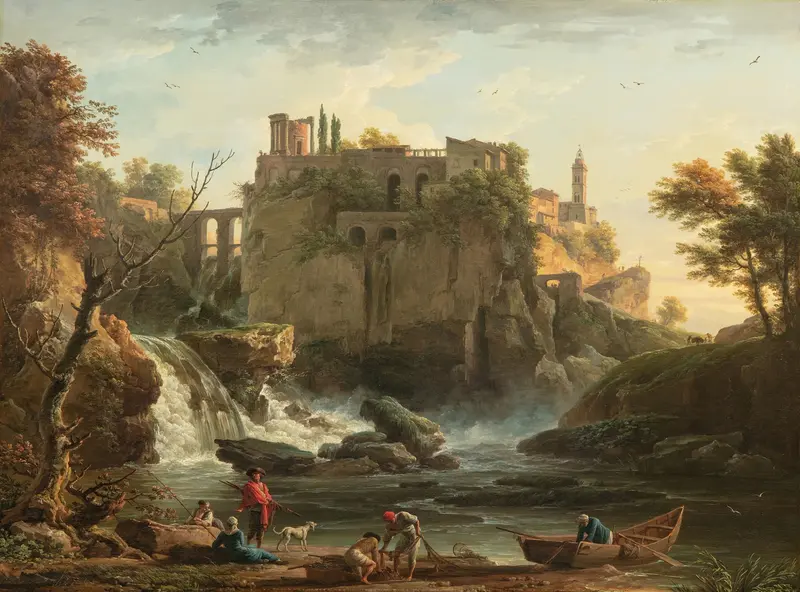 Landscape with a waterfall and valley, oil painting by Claude-Joseph Vernet