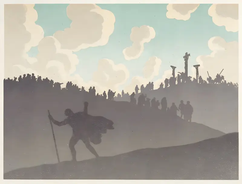 Henri Rivière's painting explores themes of wandering and suffering through vivid imagery.
