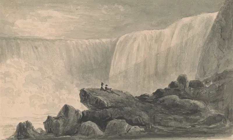 View of Niagara Falls with two figures sitting on a rock, oil painting by Isaac Weld