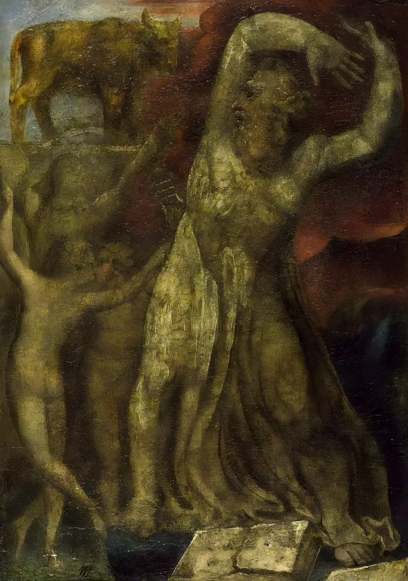 William Blake's 'Moses Indignant at the Golden Calf' depicts Moses in fury over idol worship.