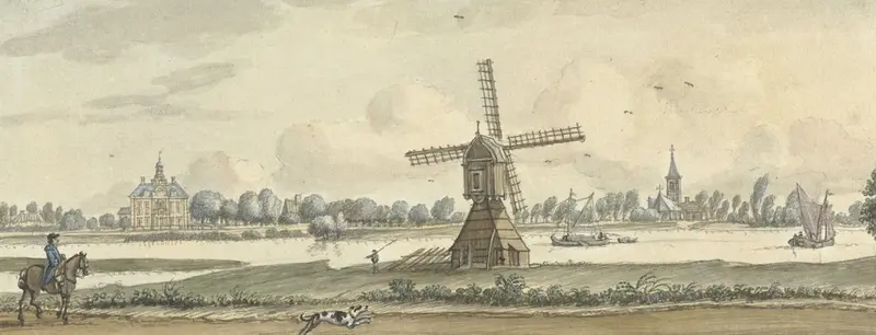 Landscape depicting a tranquil settlement, canal, and hills by Jan de Beijer, 1750