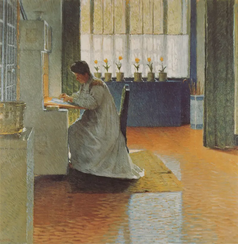 A portrait of a woman at a writing desk by Carl Moll.