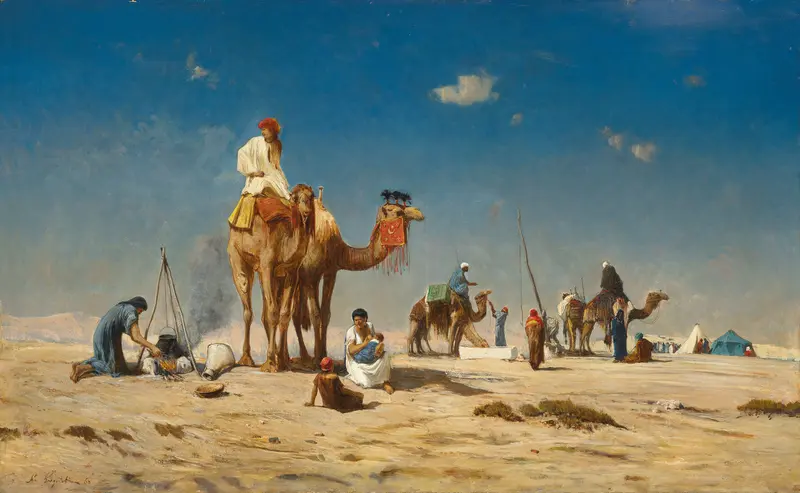 Travellers in the Desert by Victor Huguet, oil painting of a figure in a desert landscape.