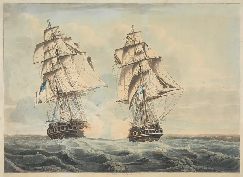Engraving of His Majesty’s Frigate ‘Endymion’ by John Hill, showing a ship sailing on the ocean.