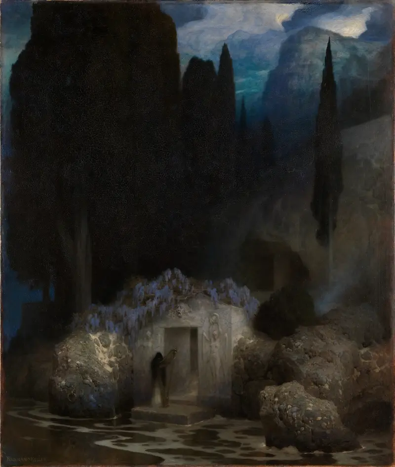 Böcklins Grab by Ferdinand Keller, depicting interplay of light and shadow in a figurative style.