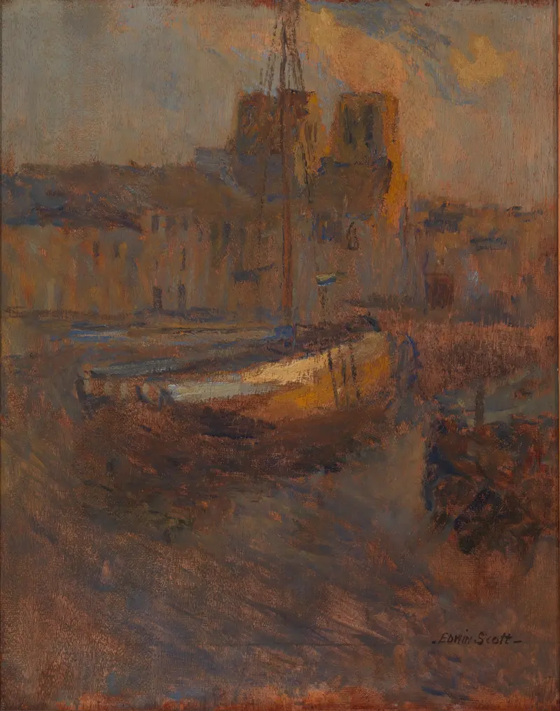 Marine scene of Ships at Anchor, Cherbourg no. II by Frank Edwin Scott, oil painting