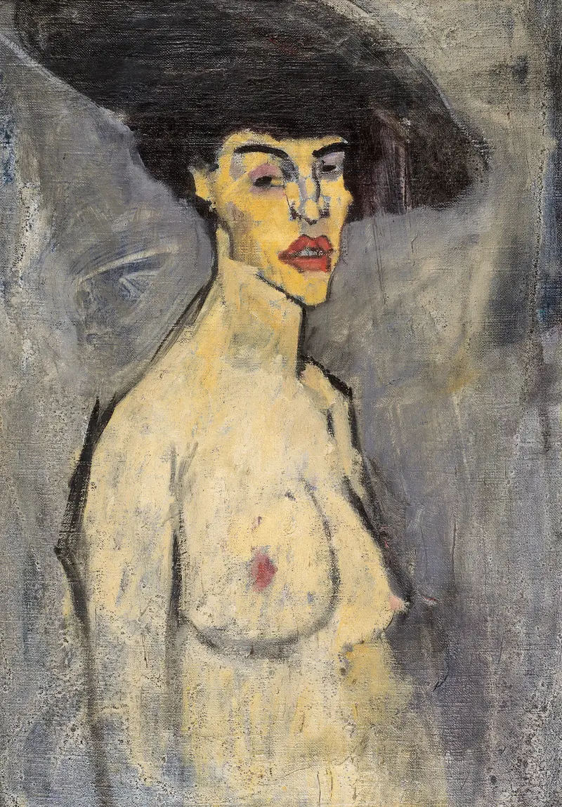 Amedeo Modigliani's 'Nude with a Hat' features an upright woman with a hat, showcasing elongated forms and a direct gaze.