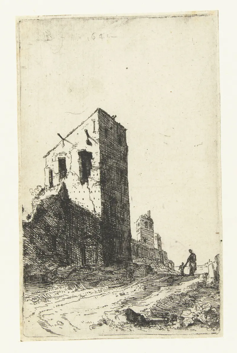 Villa van de keizers te Rome, etching by Bartholomeus Breenbergh, featuring lush greenery and tranquil waters.
