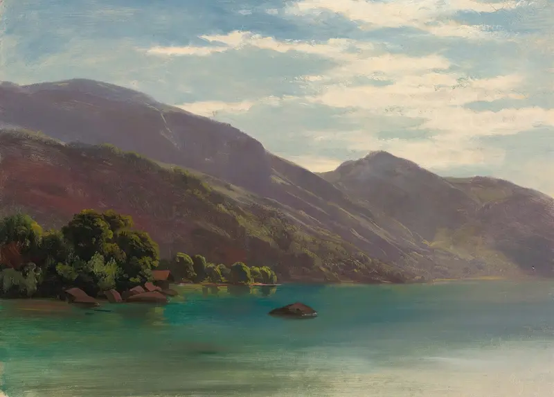 Vierwaldstättersee oil painting by Robert Zünd depicting Lake Lucerne with mountains and reflections.